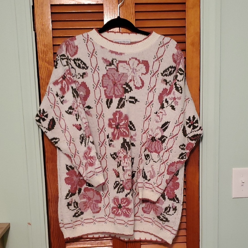 Floral Knit Sweater - Pink and White